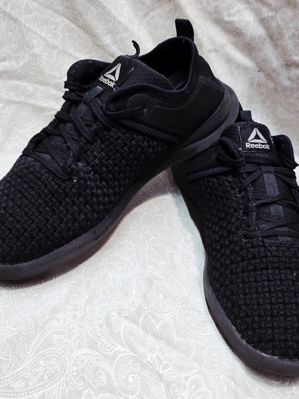Reebok Plus Runner Woven Women's Triple Black Knit Running Shoes Size 10